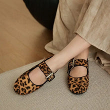 Leopard print Mary Jane round toe flats loafers with buckle straps