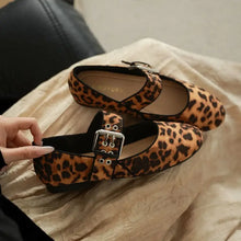Leopard print round toe flats loafers with Mary Jane buckle straps