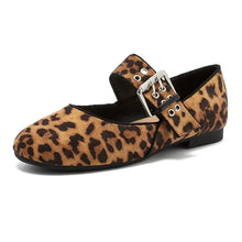 Leopard print round toe flats loafers with silver buckle Mary Jane detail