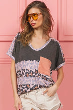 Leopard Print Slub Terry Color Block V-Neck T-Shirt for Women CHARCOAL