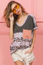 Leopard Print Slub Terry Color Block V-Neck T-Shirt for Women Woman T Shirts