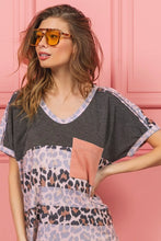 Leopard Print Slub Terry Color Block V-Neck T-Shirt for Women