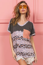 Leopard Print Slub Terry Color Block V-Neck T-Shirt for Women