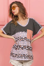 Leopard Print Slub Terry Color Block V-Neck T-Shirt for Women