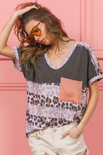 Leopard Print Slub Terry Color Block V-Neck T-Shirt for Women