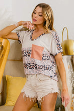 Leopard Print Slub Terry Color Block V Neck Top for Women