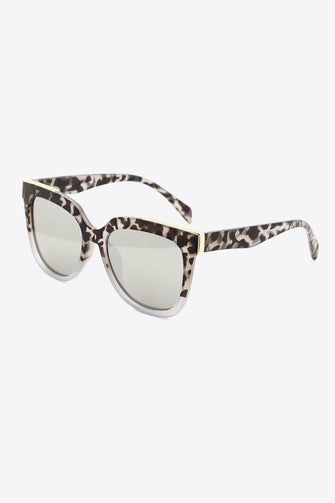 Leopard Print Square Frame Sunglasses with Gold Accent and Silver Lenses Light Gray One Size
