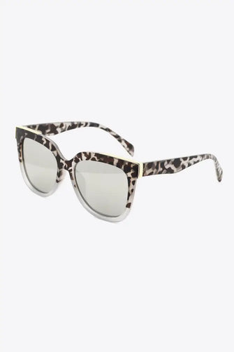 Leopard Print Square Frame Sunglasses with Gold Accent and Silver Lenses Light Gray One Size Sunglasses