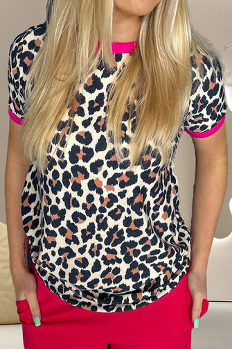 Leopard Print T Shirt with Pink Trim for Women Leopard