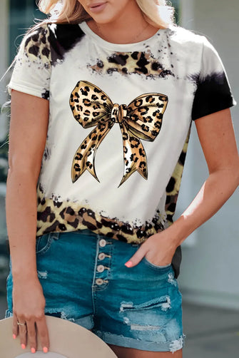 Leopard Print Tie Front Bow T-Shirt for Women Leopard