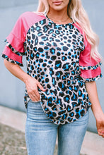 Leopard Print Top with Pink Ruffled Sleeves for Women Hot Pink