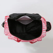 Leopard print travel bag in pink zebra with black accents, oxford cloth