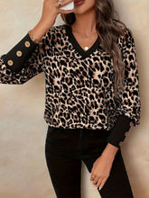 Leopard Print V Neck Blouse with Decorative Button Long Sleeves