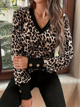 Leopard Print V Neck Blouse with Decorative Button Long Sleeves