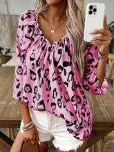 Pink leopard print blouse with three quarter sleeves and ruched neckline in lightweight fabric for stylish wear
