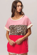 Leopard Printed Jersey Color Block T-Shirt for Women PINK FUCHSIA