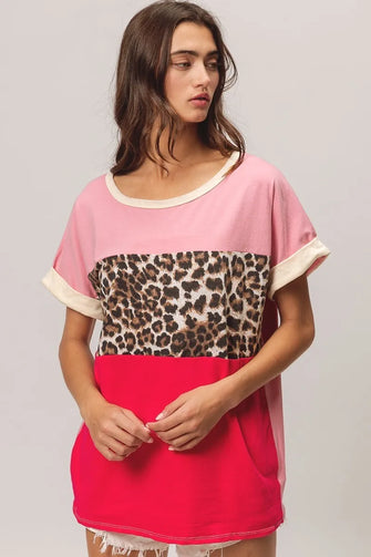 Leopard Printed Jersey Color Block T-Shirt for Women PINK FUCHSIA