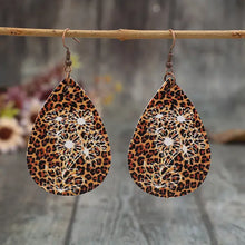 Leopard PU leather teardrop shape earrings with white floral pattern