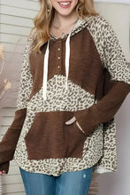 Leopard ribbed patchwork drawstring hoodie on woman