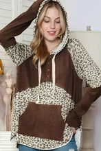 Leopard ribbed patchwork drawstring hoodie with kangaroo pocket
