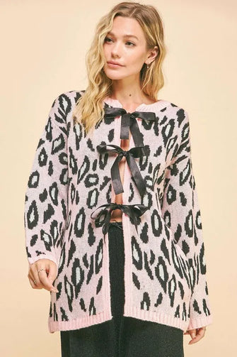 Pink Leopard Ribbon Tie Loose Fit Cardigan for Women Blush Pink