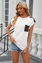 Leopard round neck cap sleeve T-shirt in white with print accents