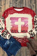Red leopard print round neck dropped shoulder sweatshirt with cross design