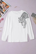 White leopard round neck long sleeve blouse for women