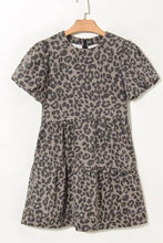 Gray leopard print denim dress with tiered skirt puffed short sleeves and round neck puff design