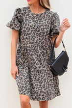 Gray and black leopard print denim dress with round neck puffed short sleeves and tiered design