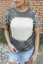 Leopard round neck short sleeve t-shirt in charcoal gray with distressed leopard print sleeves