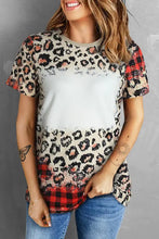 Leopard round neck short sleeve T-shirt with bleached white midsection and red plaid hem
