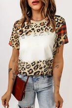 Leopard round neck short sleeve t-shirt with bleached band and plaid accents