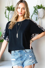 Black leopard round neck short sleeve tee with printed shoulder panels