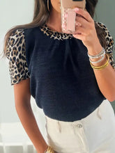 Navy blue corduroy short sleeve blouse with leopard short sleeve puff sleeves and matching leopard collar