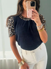 Navy blue corduroy short sleeve blouse with leopard short sleeve and matching leopard print collar