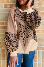 Leopard star patchwork round neck sweatshirt with tan and black leopard print star on beige long sleeved sweater