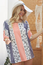Leopard Stripe Printed French Terry Off Shoulder Tunic Top for Women PEACH NAVY