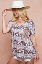 Leopard Stripe Printed Jersey V-Neck Top with Sequin Pocket