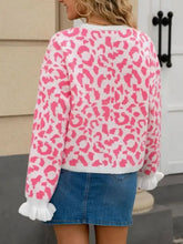Rosa Leopardenmuster-Strickjacke mit Knoten vorne und Rüschen an den Bündchen