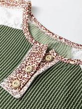 Green ribbed knit leopard trim raglan sleeve top with leopard-print collar and white lace trim accents