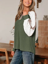 Olive green ribbed knit sweater with leopard trim raglan elbow sleeves and white lace detailing