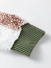 Olive green ribbed knit leopard trim raglan sleeve top with white lace cuff and leopard print fabric trim