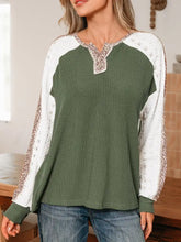 Olive green ribbed long sleeve top with white lace and leopard trim raglan sleeve accents on sleeves and neckline