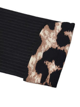 Black ribbed knit bodysuit featuring leopard trim ribbed patch in beige and black for stylish layering
