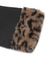 Black long sleeve bodysuit with leopard trim plush cuff and a trim v neck design