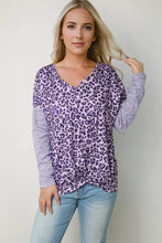 Purple Leopard Print V-Neck Long Sleeve T-Shirt with Twisted Hem