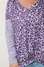Purple and gray leopard print long sleeve V-neck T-shirt with twisted hem