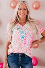 Colorful leopard print women’s short sleeve tee shirt with V-neck