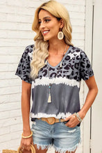 Women’s Leopard V-Neck Tee with regular sleeve length and grey print